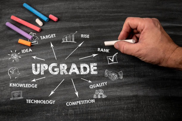 istock UPGRADE. Idea, Rank, Quality and Tehnology concept. Black scratched textured chalkboard background 1934732150