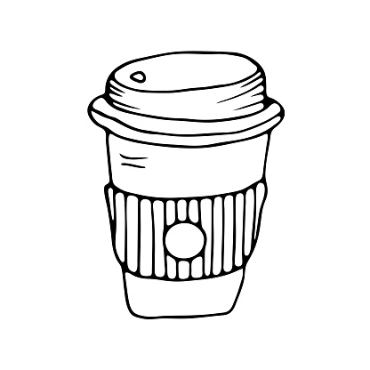 Disposable coffee cup in doodle style on an isolated white background.