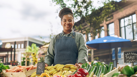 Portrait of a Black Female Working at a Farmers Market Stall with Fresh Organic Agricultural Products. Businesswoman Looking at Camera and Smiling. African Farmer Selling Eco Fruits and Vegetables