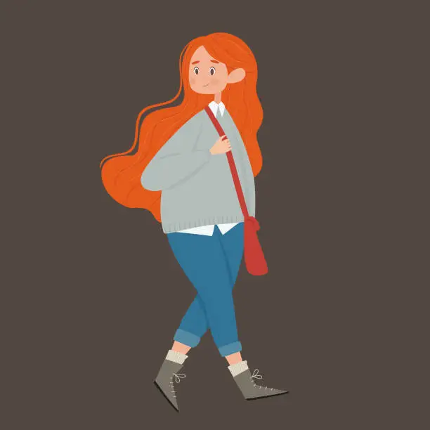 Vector illustration of Vector illustration. A girl with red hair in jeans and a sweater