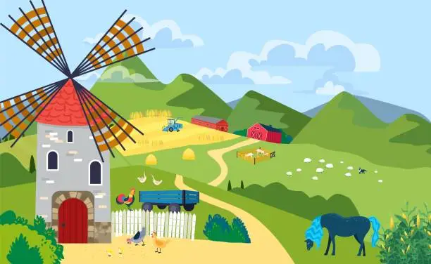 Vector illustration of Farm with mill landscape in mountain area, ranche outdoors, village house on hill, design cartoon style vector illustration.