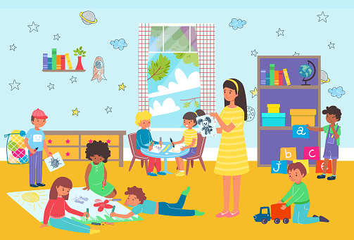 Kids playing kindergarten class, preschool education essential, bright room with toys, design cartoon style vector illustration. Cute boys and girls draw drawings on paper, youthful creativity.