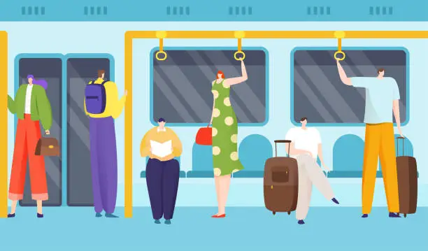 Vector illustration of Passengers in underground, inside train carriage, city public transport, high-speed metro, design flat style vector illustration.