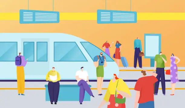 Vector illustration of Urban public transport, rapid transit, waiting passengers, modern train, metro station, design cartoon style vector illustration.