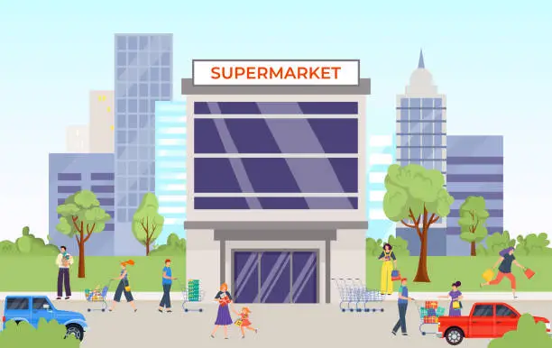 Vector illustration of Joyful people, shopping, big city supermarket, building facade on street, successful retail, cartoon style vector illustration.
