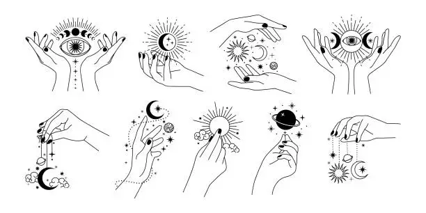 Vector illustration of Magic woman hands. Sketch mystic female hands with planets, star, moon and sun. Minimalist style astrology tattoo elements. Vector set