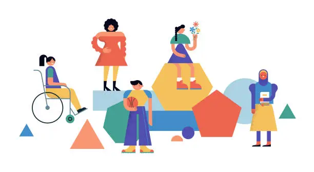 Vector illustration of Group of diverse young people standing together. Characters illustrations in geometric modern colorful design
