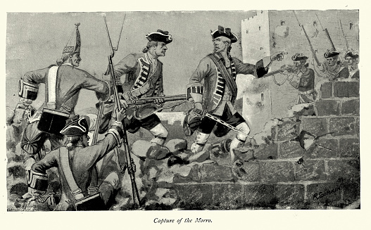 Vintage illustration, Siege of Havana, Seven Years' War, British army, Military History, Soldiers of the First Foot or Royal Scots capturing the Morro