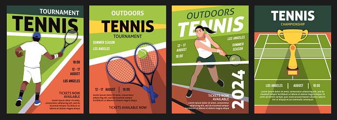 Tennis cards. Invitation posters, sports tournaments and competitions, championship announcements, players in uniform, banner with copy space. Cartoon flat isolated illustration, tidy vector set
