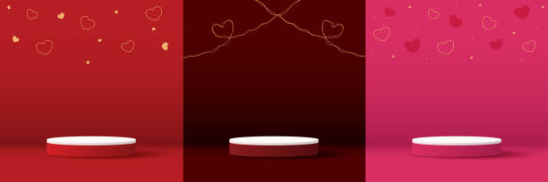 istock Set happy valentines day and stage podium decorated with heart shape lighting. pedestal scene with for product, cosmetic, advertising, show, award ceremony, on pink and red background. vector design. 1934762380