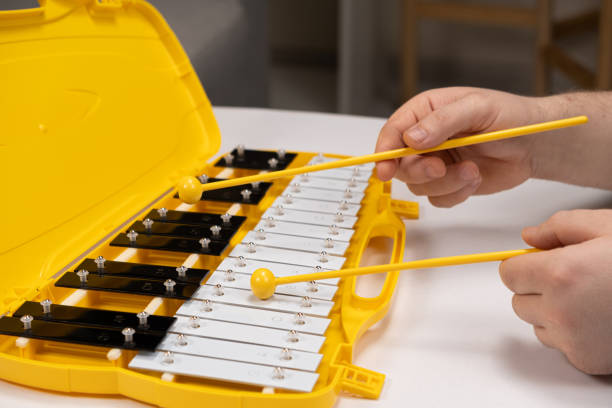 istock Playing with sticks on a metallophone, a metal xylophone. Percussion Musical Instrument 1934772441