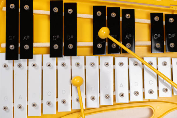 istock Playing with sticks on a metallophone, a metal xylophone. Percussion Musical Instrument 1934772700