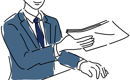 At hand of a business person handing over documents hand drawing illustration