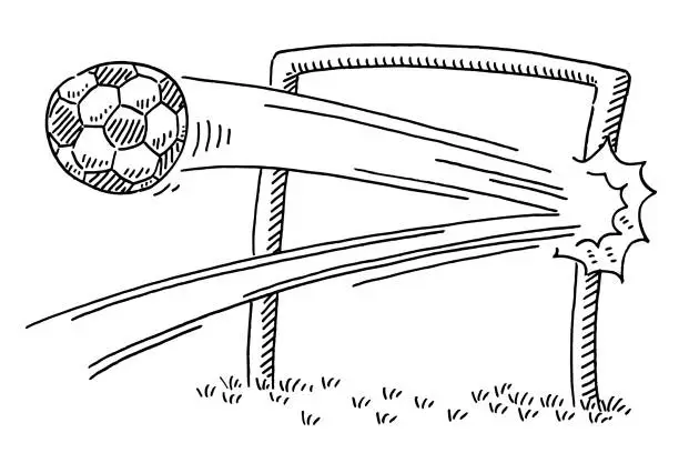 Vector illustration of Soccer Ball Hitting The Goal Post Drawing
