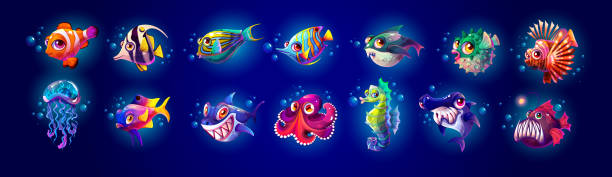 istock Tropical sea fishes and creatures color vector icons 1934786199