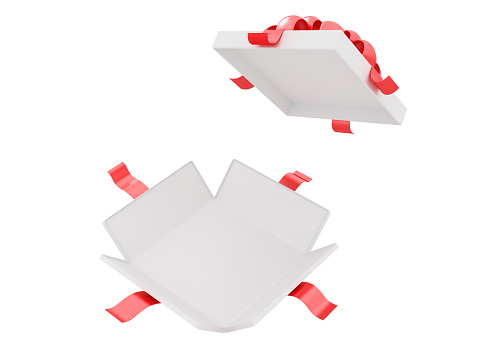 White empty opened gift box with red ribbon and bow isolated on the white background. Christmas and New Year's Day. Valentines day and birthday celebration . 3d rendering.