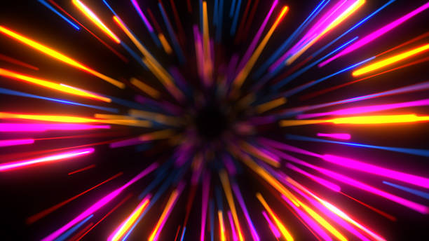 Glowing neon energy lines. Abstract network background. Global Communications and Big Data technology. Hyperspeed and virtual reality jump. 3d illustration.