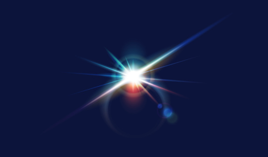 Bright light flash burst realistic vector illustration. Sparkling star in open space 3d element on dark blue background. Fantasy art design