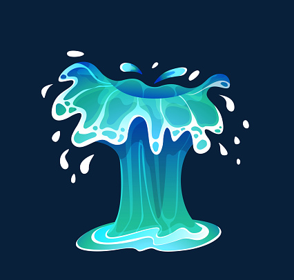 Fountain jet splash color vector icon on dark background. Powerful water geyser burst. Splashing aqua sprays cartoon illustration for design