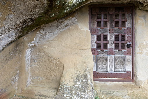 David Gareja monastery complex carved in sandstone mountain of Kakheti region of Georgia on a sunny day