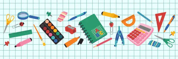 Vector illustration of Set of school supplies. Pens, rulers, calculator, paints, pencils, markers, notebook, clips.