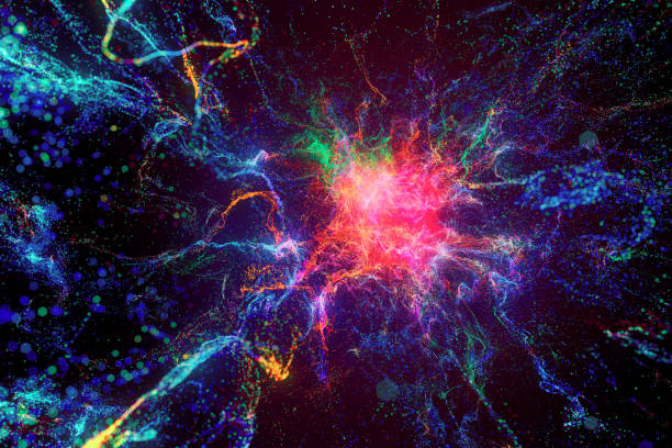Lots of bright shining dots and particles are forming volatile pattern from a lines, a strokes and a different bizarre shapes on black background. Abstract multi-colored background, three dimensional digitally generated picture