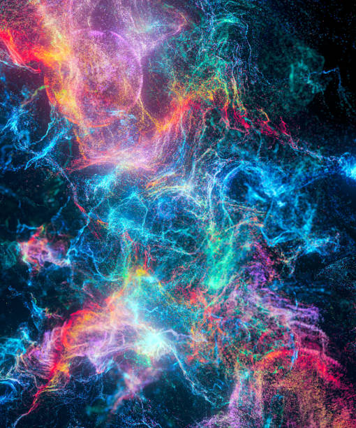 Lots of bright shining dots and particles are forming volatile pattern from a lines, a strokes and a different bizarre shapes on black background. Abstract multi-colored background, three dimensional digitally generated picture
