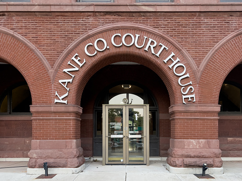 Geneva, IL, USA - August 19, 2023: The Kane County Courthouse, located in downtown Geneva, IL.