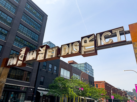 Chicago, IL, USA - June 19, 2023: Fulton Market District is on the near west side of Chicago and features many popular restaurants, parks, and events all year long.