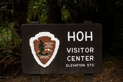 Olympic National Park, United States: July 9, 2023: Hoh Visitor Center Sign in Olympic National Park