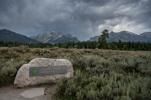 Grand Teton National Park, United States, August 3, 2020: Laurence S Rockefeller Preserve Sign on Boulder