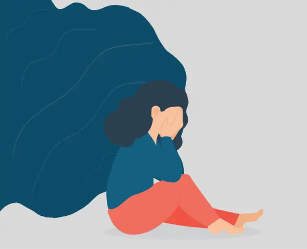 Vector illustration of Sad woman crying due to depression and stress. Girl with psychological problems needs support. Mental health disorders, negative vibes concept.