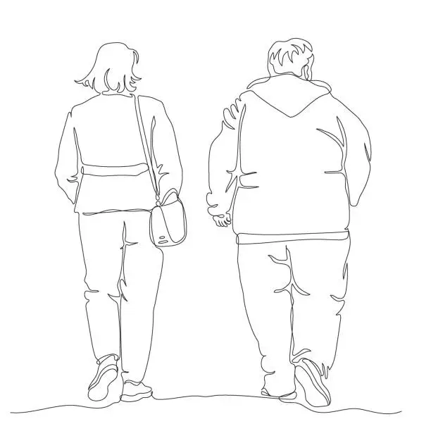 Vector illustration of Couple walking away. Man overweight. Continuous line drawing. Black and white vector illustration in line art style.