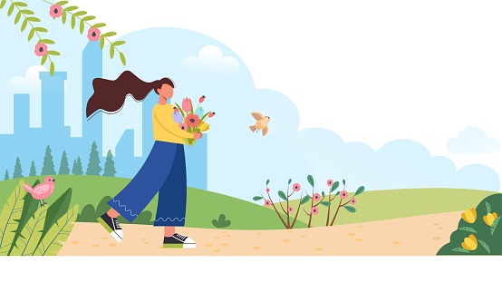 Spring. Woman walking with flowers over blooming trees and flowers background. Cartoon female character on walk. Hello spring concept. Cute vector illustration in flat style. Happy woman with flowers.
