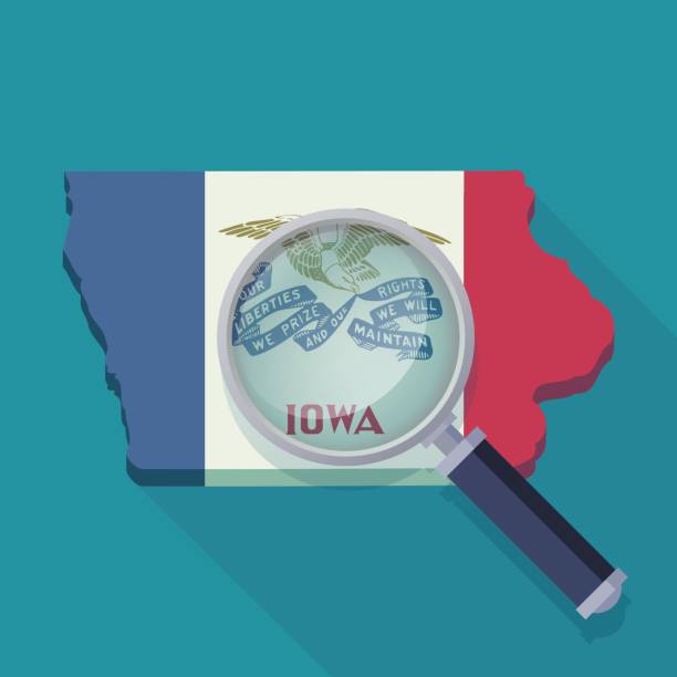 Iowa under the microscope (flat design) 3D Map of Iowa in the colors of the flag of the state of Iowa on which a magnifying glass zooms in on part of the map in flat design style iowa flag stock pictures, royalty-free photos & images