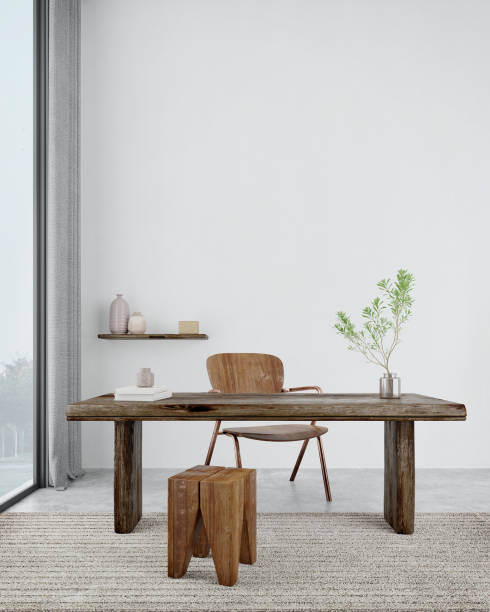 istock Working room with wooden table chair and stool.White concrete wall background.3d rendering 1934908415