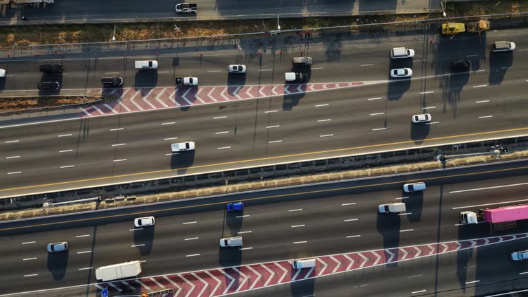 Traffic jam at rush hour. Aerial top down view of many cars on the road.