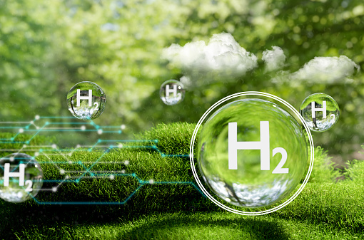 hydrogen energy and hydrogen power, zero emission concept, this picture is 3d illustration rendering