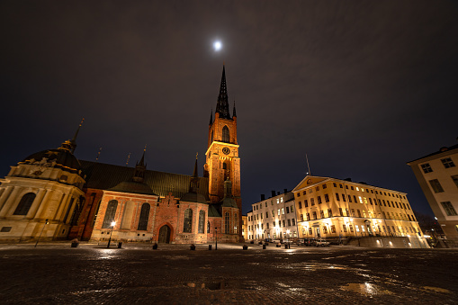 Riddarholmen Church at night Temporarily closed Gamla Stan old town of Stockholm Scandinavia Sweden Northern Europe