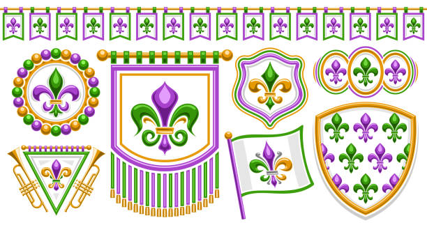 Vector Fleur de Lis set Vector Fleur de Lis set, horizontal banner with collection of isolated illustrations of variety green and purple fleur de lis flourishes, seamless bunting, group of vintage decorative design elements new orleans fleur de lis stock illustrations