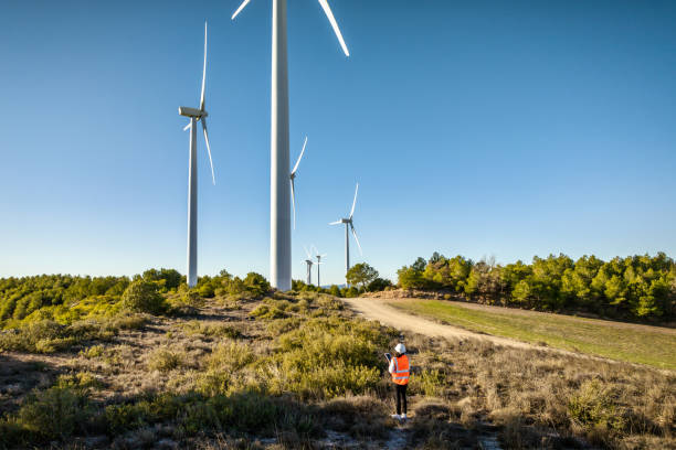 istock Female engineer standing with digital tablet against wind turbine on sunny day, looking at wind turbine 1934957046