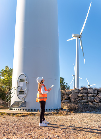 Renewable Energy Systems. Electricity Maintenance Engineer working on the field at a Wind Turbine Power station in the morning. Looking up