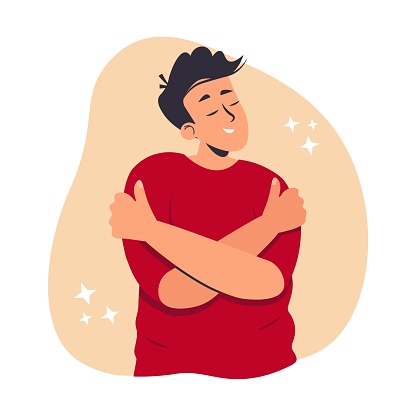Self love concept. Man hugging himself vector illustration in flat style. Self-acceptance, positive self-image and confidence. Esteem, positive self-perception, social role, individual psychology.