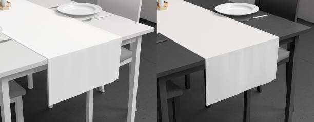 istock Blank white table runner and dishes mockup crop, interior background 1934959223