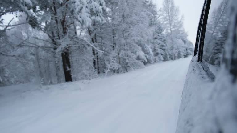 Driving Through a Snow-clad Forest. Magic Car Trip on the Road by Pine Forest Covered by Snow. Back View from Car Passenger Window. Winter Nordic Rural Landscape. Traveling. Cold Season. Snowy Wood