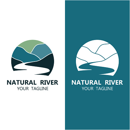 River logo with combination of mountains and farmland with vector concept design. logo for many kind of business, travel agency and nature photographer
