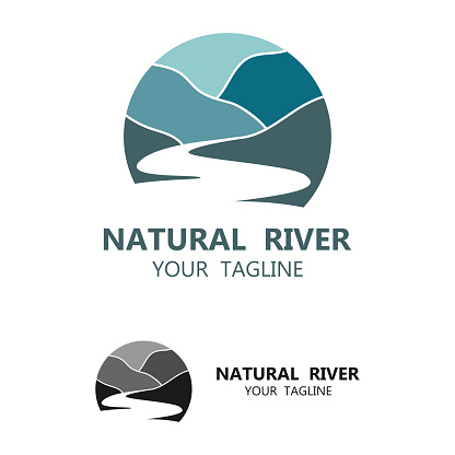 River logo with combination of mountains and farmland with vector concept design. logo for many kind of business, travel agency and nature photographer