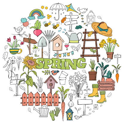 Hand-Drawn Vector Set Of Doodles On A Spring Theme, Featuring Flowers, Garden Tools, And Birdhouses