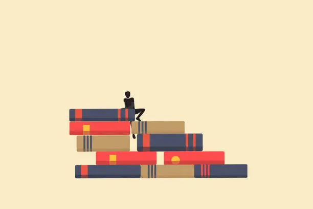 Vector illustration of businessman climbing books. concept of success, education level and skill development