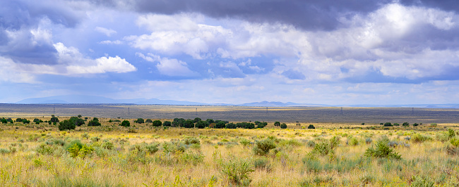 Green grassy prairie and sky with cumulus in Utah, along highway 59 near Kabab